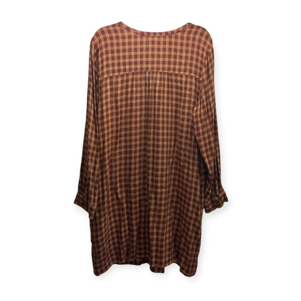 Womens Maple Plaid Pintuck Dress Long Sleeve Tunic Split Y-Neck Pockets 1X Rust - Picture 2 of 8